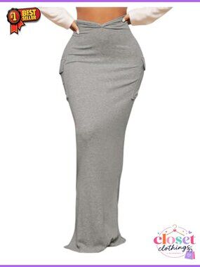 Women's High Waisted Bodycon Maxi Skirt Split Hem Pocket Stretch